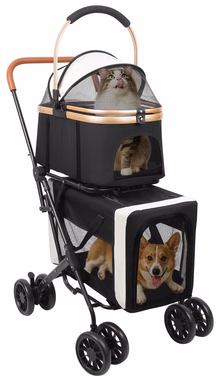 Carrozzina per cani e gatti - Modello a 2 livelli - Pieghevole - 2 tasche - Finestra a rete removibile - Ruote - Freni - Colore: nero