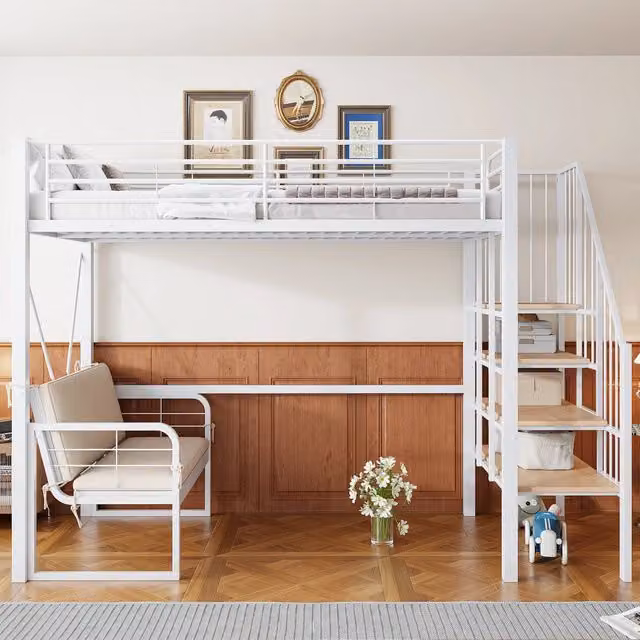 Letto a castello 90x200 cm in metallo bianco con divano removibile e scala contenitore