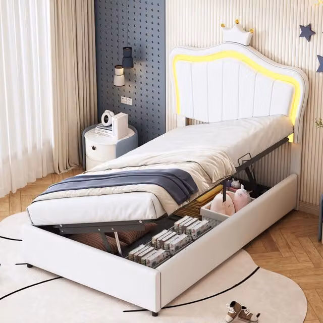 Letto per bambini imbottito 90 × 200 cm con vano contenitore LED testiera regolabile rete a doghe ecopelle bianca