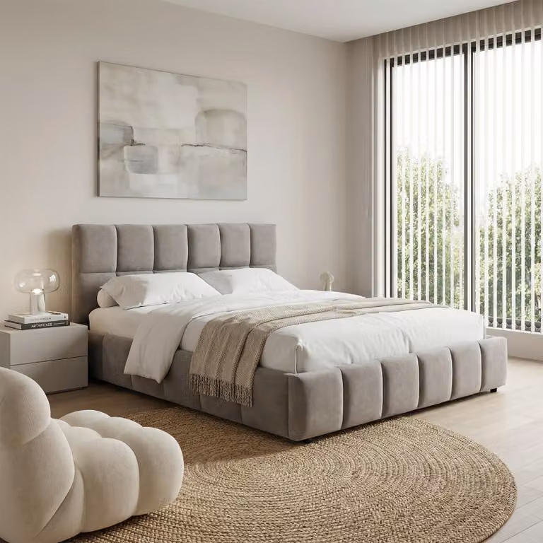 Letto imbottito EMILIA 140x200 cm, grigio - Letto con rete a doghe, struttura con testiera imbottita, rivestimento in tessuto con moderna trapuntatura, design moderno e struttura robusta