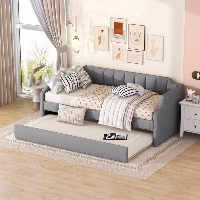 Letto singolo 90x200 cm con letto estraibile; imbottito in lino e cotone grigio (Senza materasso)