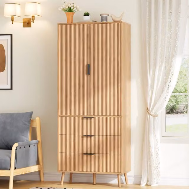 Mobile contenitore 75x35x180 cm con 2 ante e 3 cassetti in MDF naturale