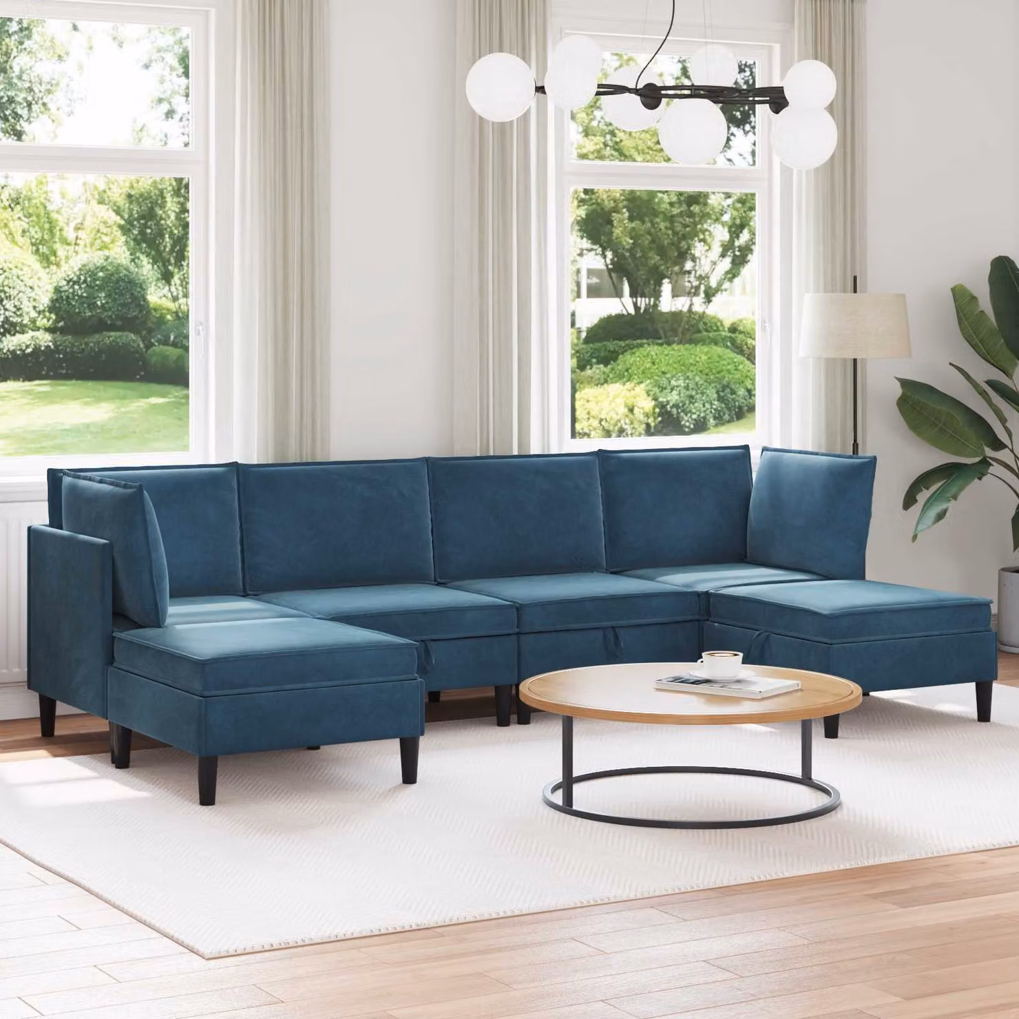 Set di mobili per il soggiorno vidaXL in velluto blu, composizione moderna a L con 6 pezzi e cuscini inclusi