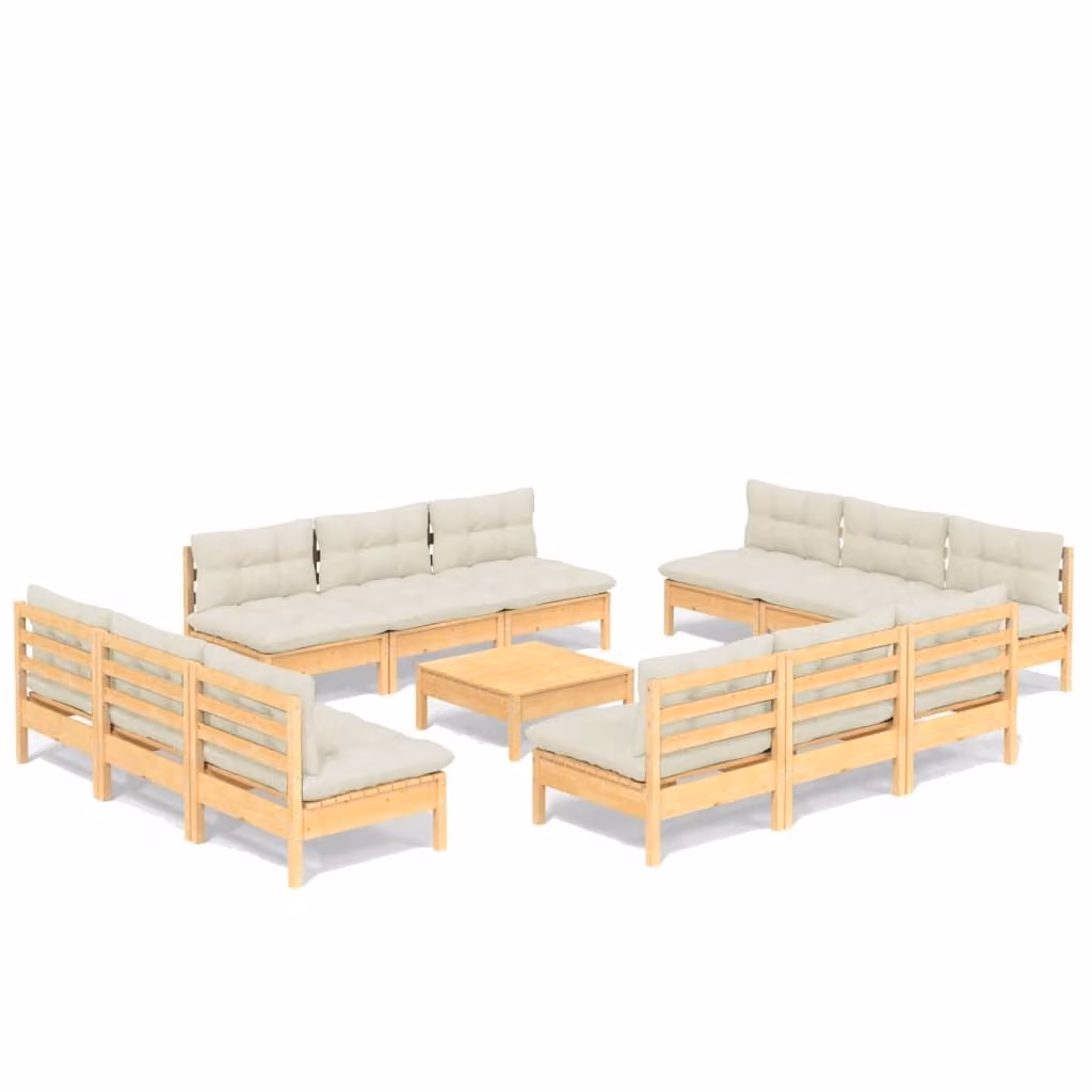 Set Salotto da Giardino 13pz con Cuscini Crema in Legno di Pino