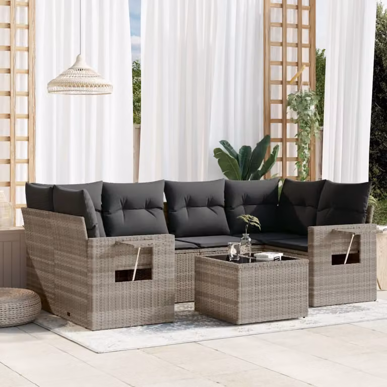 vidaXL Set Divani da Giardino 7pz a Forma di L in Polyrattan con Cuscini Grigio Chiaro e Tavolino