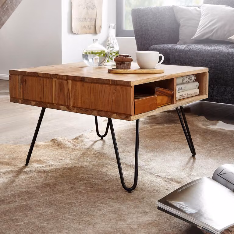 Tavolino FineBuy 60x40x60 cm Tavolino quadrato in legno massiccio di acacia / metallo | Tavolino in legno con contenitore | Tavolino da caffè