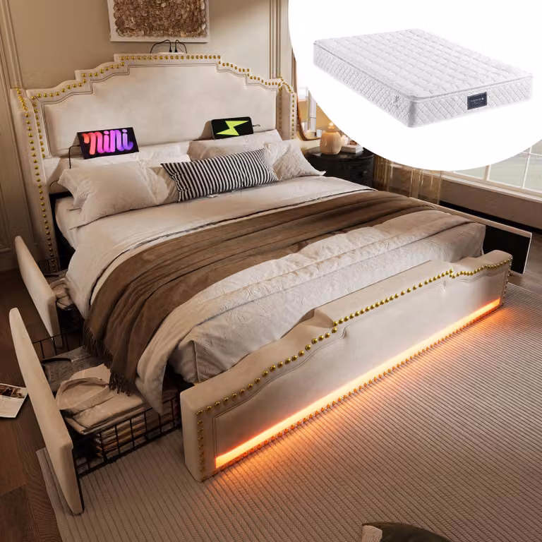 Letto imbottito 140×200, letto matrimoniale con 4 cassetti, illuminazione LED e porta di ricarica USB-C, beige, con materasso