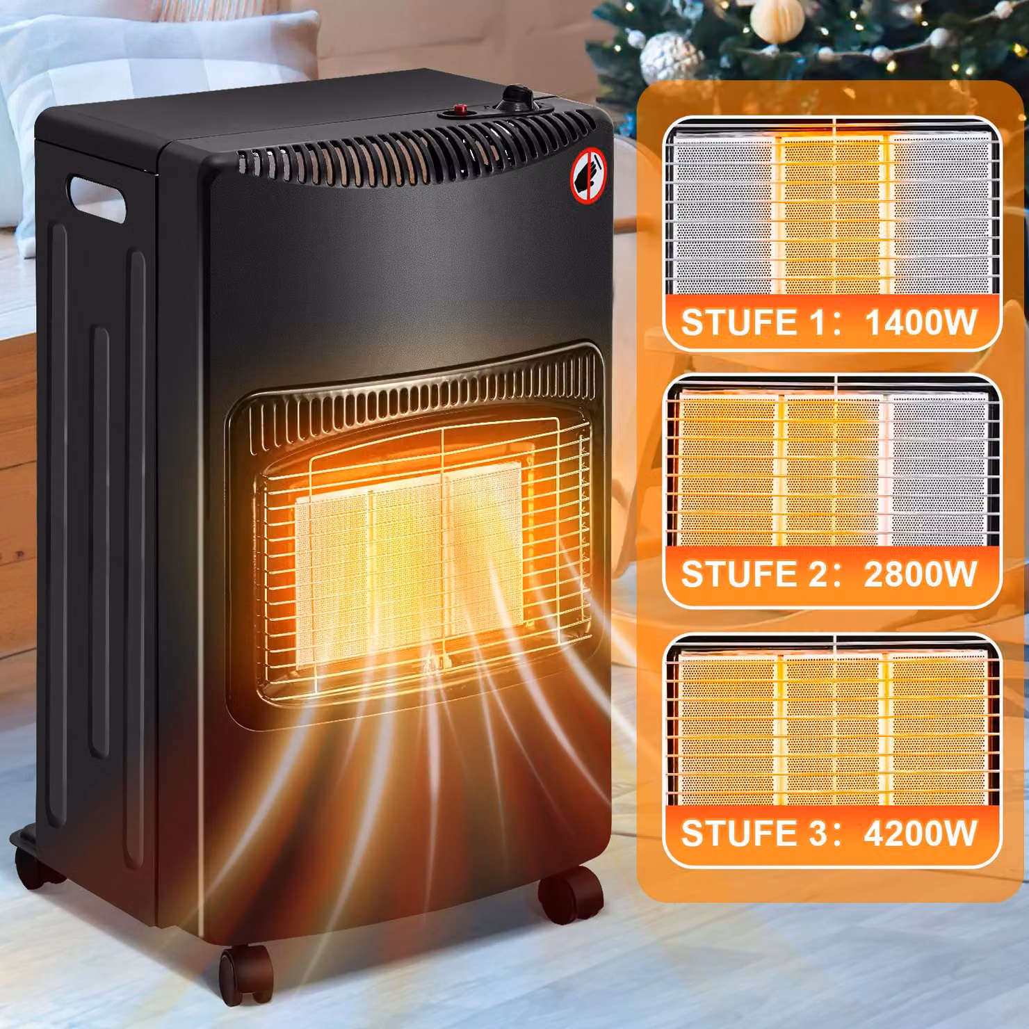 Riscaldatore a gas Ikodm, 4200W, con piastra in ceramica, 3 livelli di riscaldamento, sistema di sicurezza anti-ribaltamento e rilevatore di gas, completo di regolatore di pressione e tubo, dotato di 5 ruote, inclusi 2 adattatori EU
