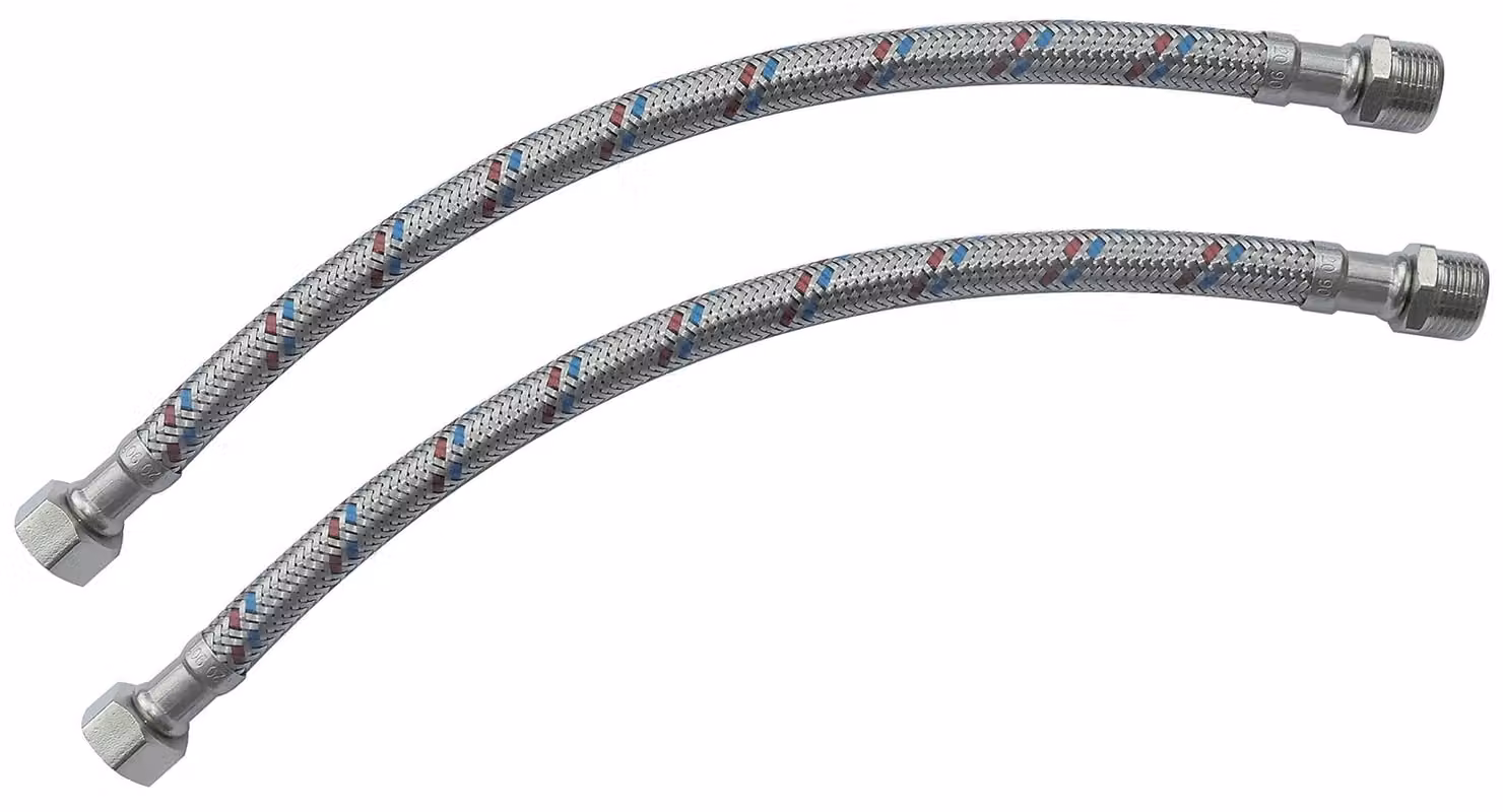 Set di 2 tubi flessibili per alimentazione - Tubi flessibili connettori - 300 mm - 3/8" maschio/femmina - Strato in acciaio intrecciato - Temperatura massima di esercizio: 90 °C