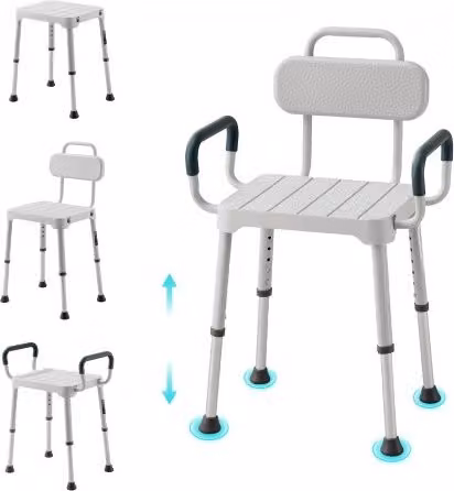 Sgabello da doccia con schienale VEVOR bianco, sedile da bagno con altezza regolabile a 6 livelli e piedini antiscivolo, supporto per mobilità ridotta con carico massimo 181,4 kg