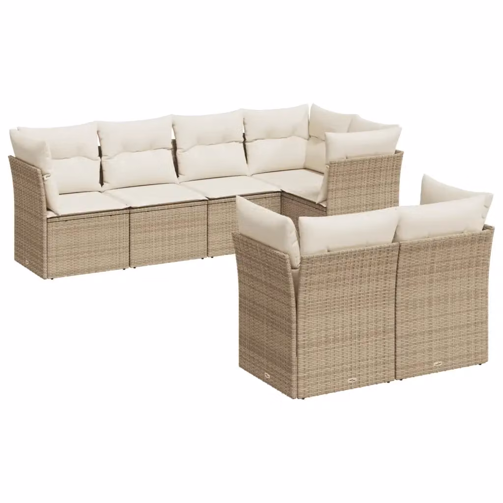 vidaXL Set Divani da Giardino 7 pz in Polyrattan con Cuscini Beige e Bianchi a Forma di L – 2