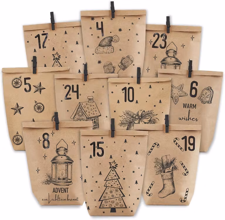 Calendario dell'Avvento da riempire: 24 sacchetti di carta a tema natalizio da riempire personalmente. Sacchetti regalo in carta kraft