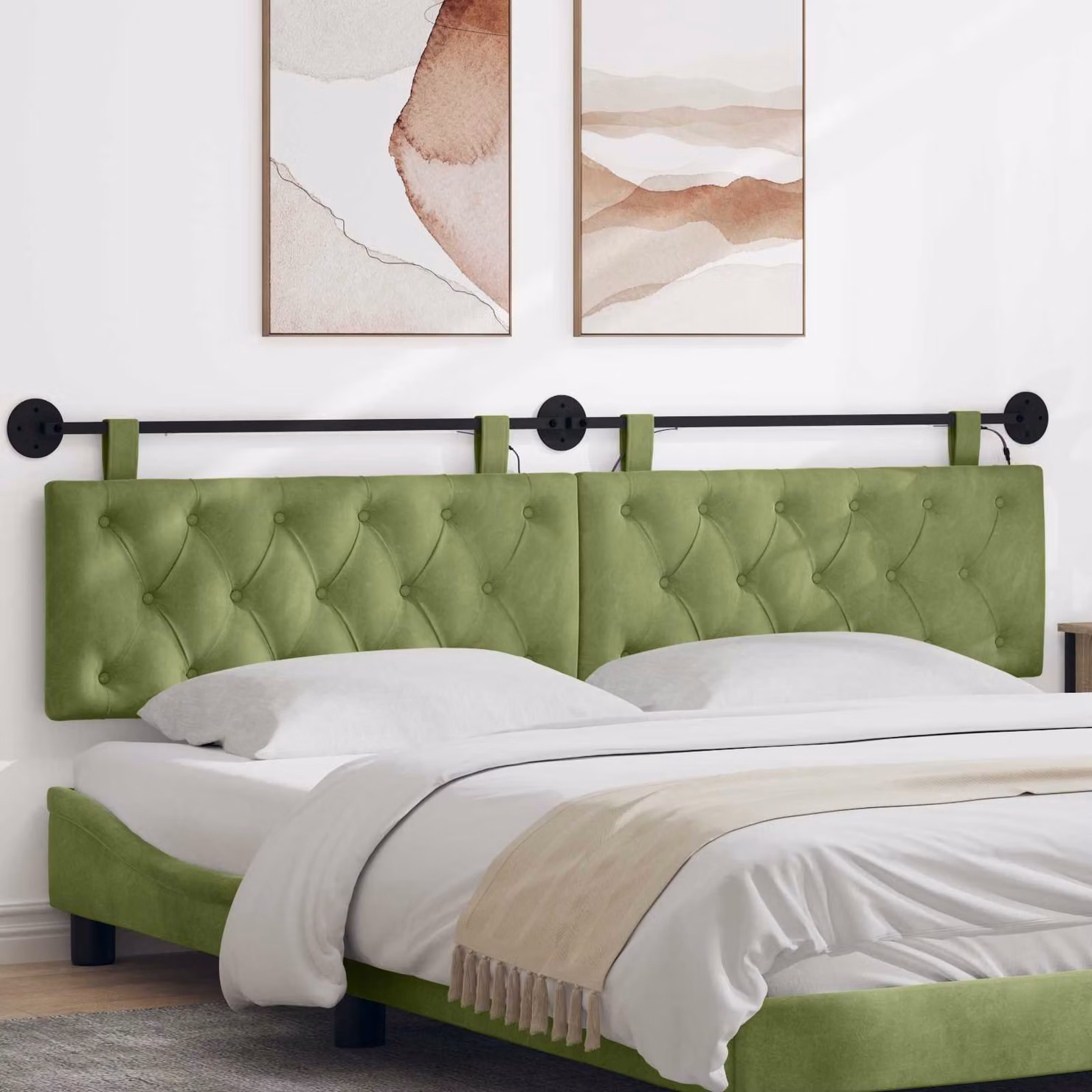 Testiera sospesa vidaXL in velluto verde con luce LED integrata L: 210 cm, H: 55 cm, P: 7 cm