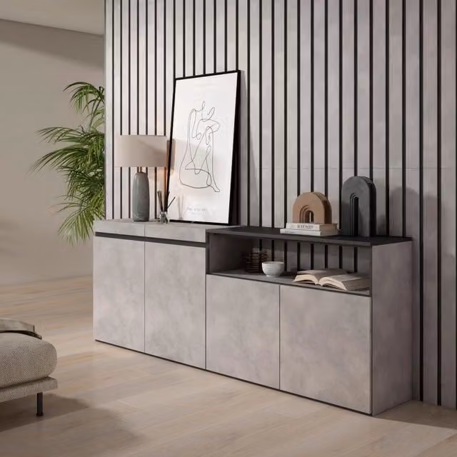 Credenza, Mobile, 200x35x75cm, 4 Porte, grande stoccaggio, grigio cemento RF2371