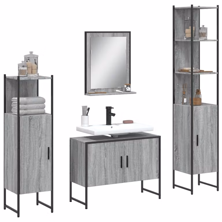 Set di mobili da bagno moderno vidaXL composto da 4 pezzi in colore grigio con vanity unit, armadio alto, armadietto laterale e specchiera
