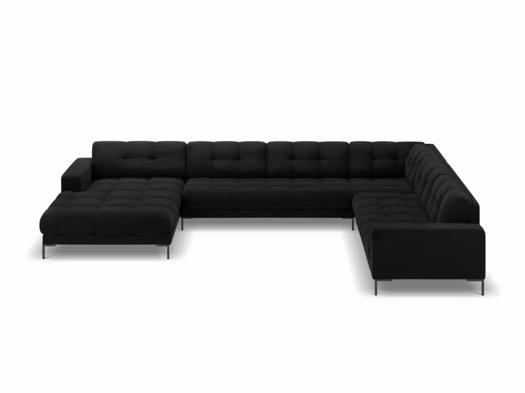 Divano panoramico destro Bali di Cosmopolitan Design in velluto nero da 7 posti – 2