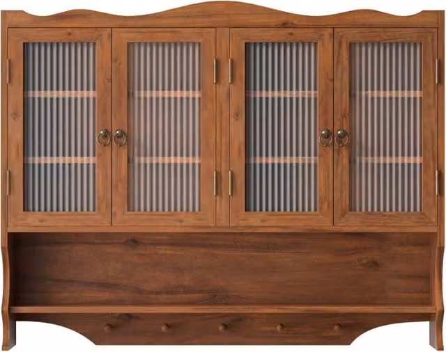Mobiletto da Parete Vintage 100 cm con 4 Ante in Legno Massello e Vetro, con Ganci Aperto, Colore Marrone, per Bagno e Cucina