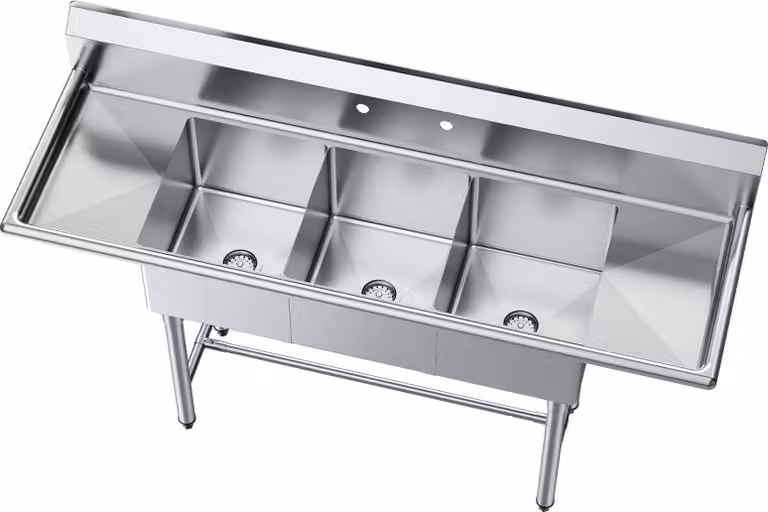 Lavello SucceBuy con tre vasche, due sgocciolatoi e paraspruzzi, lavello da cucina (1678 x 558 x 1097 mm), adatto per ristoranti, furgoni gastronomici e uso privato, in acciaio inossidabile