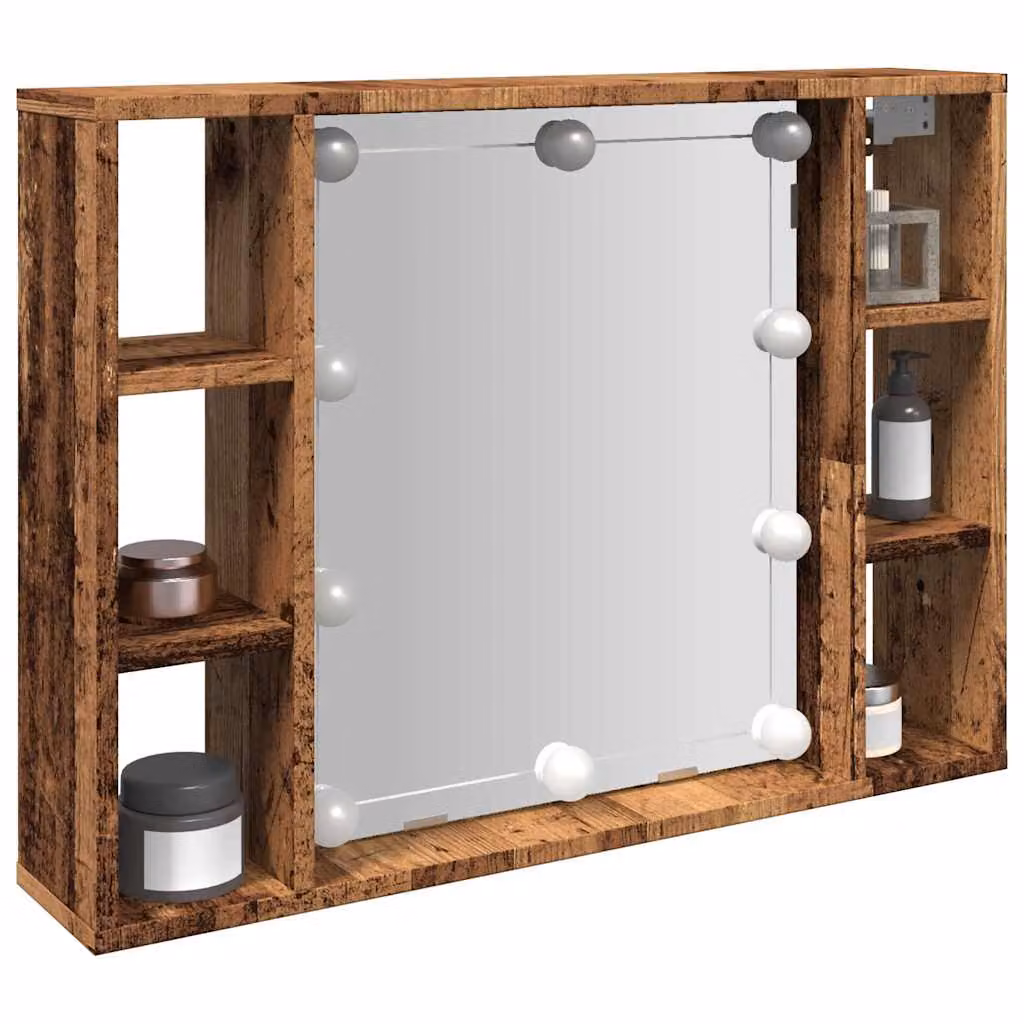 Armadietto da bagno con specchio e illuminazione LED vidaXL in legno marrone stile rustico L: 76 cm, P: 15 cm, H: 55 cm
