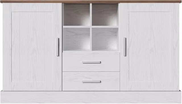 Credenza 140x40x79,5 cm con finitura effetto legno bianco e marrone, 2 sportelli e 2 cassetti