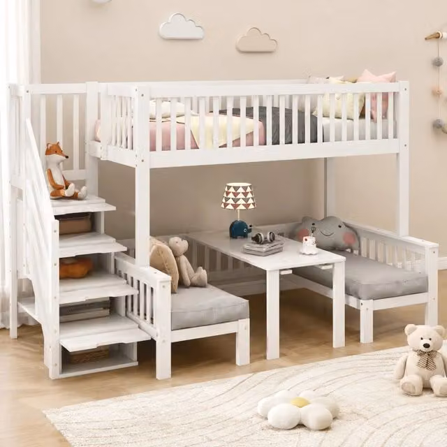 Letto a castello con scrivania regolabile, scala con contenitori, struttura in pino, MDF e compensato, bianco, 90x200 cm e 120x200 cm