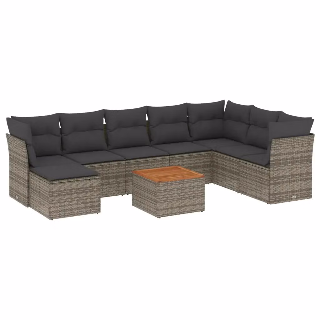 vidaXL Set Divano da Giardino 9 pz a Forma di L in Polyrattan Grigio con Cuscini e Tavolino – 2