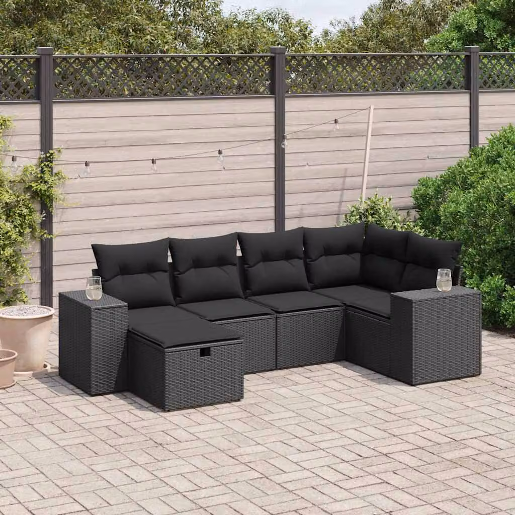 Set Divano da Giardino a L vidaXL 6 pz con Cuscini Nero in Polyrattan e Struttura in Acciaio – 1