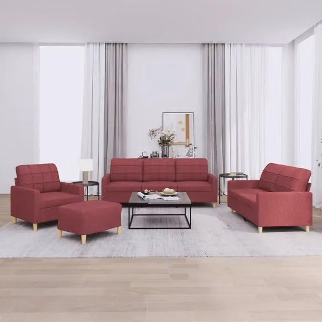 Set di divani moderno vidaXL in tessuto rosso composto da divano a 3 posti, divano a 2 posti e pouf con cuscini inclusi – 1