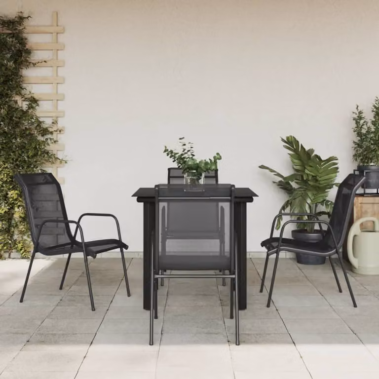 Set da Pranzo da Giardino vidaXL 5 pz in Acciaio e Textilene Nero e Antracite con Tavolo in Vetro