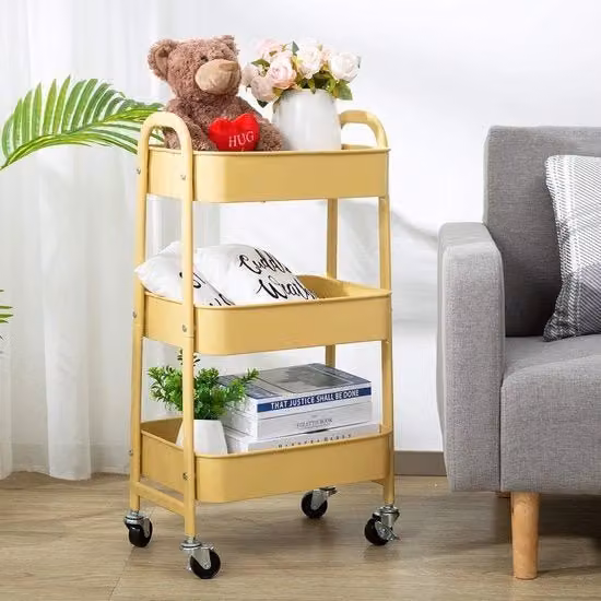 Carrello con Ruote in Metallo Giallo per Organizzazione di Cucina, Trucco, Bagno o Ufficio, L/P/H: 70 x 40 x 30 cm