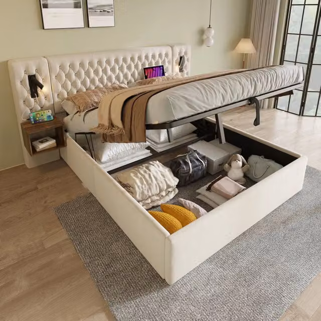 Letto contenitore matrimoniale 180 × 200 cm con 2 comodini, luci da lettura, USB e Type-C, senza materasso, beige