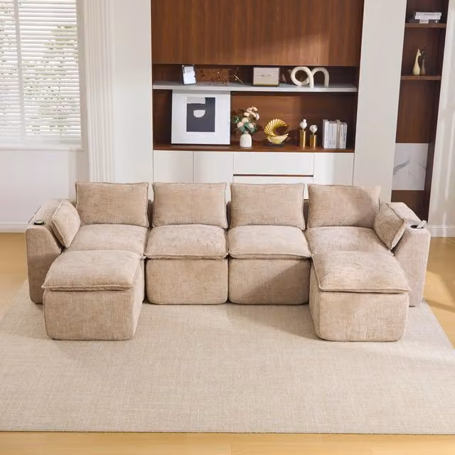 Divano modulare 4 posti con tasche laterali, cuscini e anima a molle, in ciniglia khaki per soggiorno 322 × 161 × 75 cm
