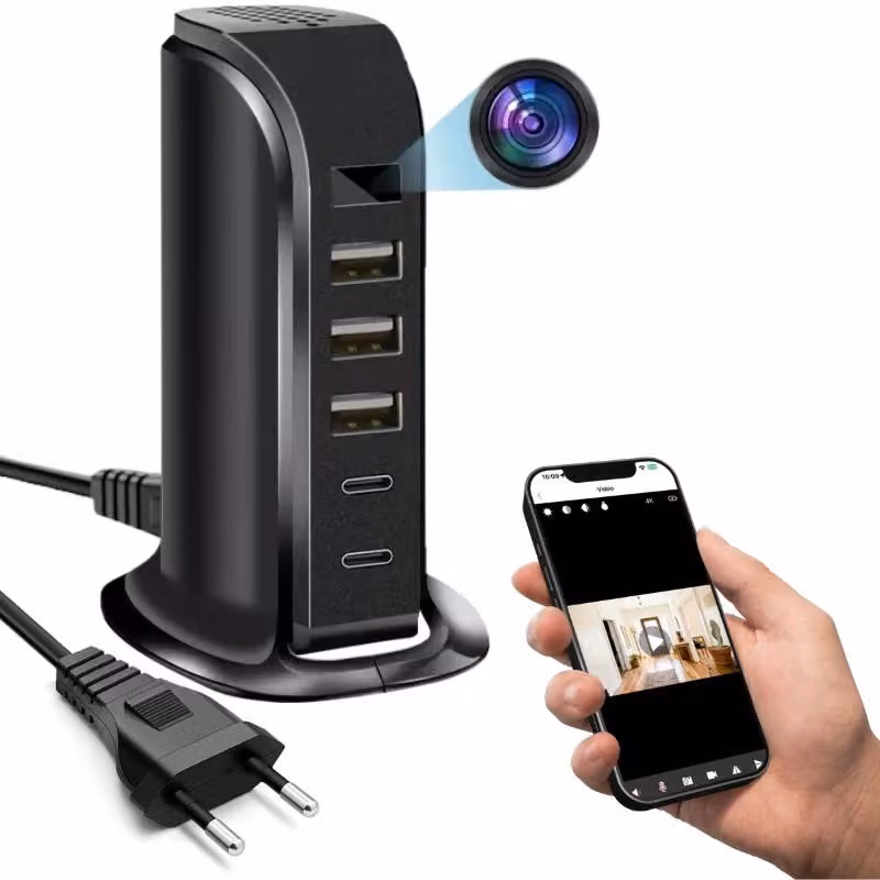 Mini Telecamera Wi-Fi iUni IP91, Full HD, Stazione di Ricarica, 2 porte Type-C, 3 porte USB-A, 20W, Slot per scheda