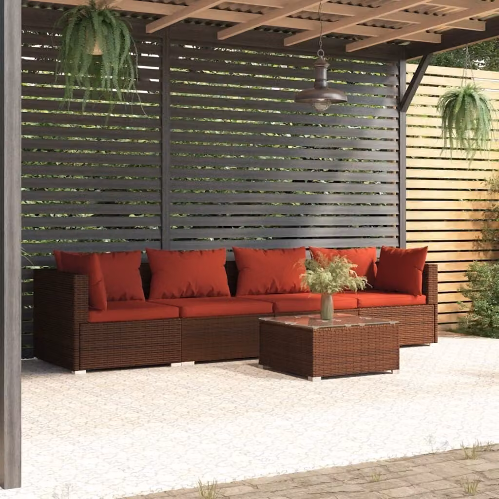 The Living Store Set da giardino 5 pezzi con cuscini in poly rattan marrone