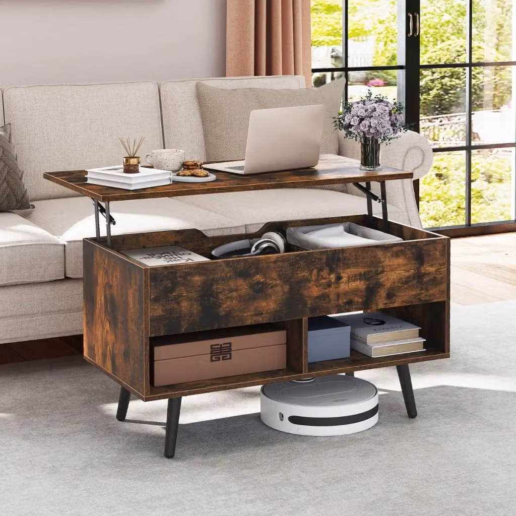 Tavolino da caffè moderno Design Mania in legno marrone con scomparto nascosto e 2 scaffali aperti L: 80 cm, P: 60 cm, H: 40 cm – 2