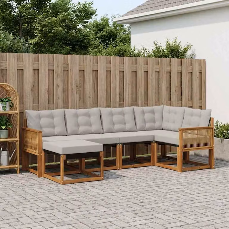 Set di divani da esterno vidaXL a forma di L composto da 6 pezzi con pouf e cuscini, struttura in legno di acacia e tessuto textilene, colore beige e grigio