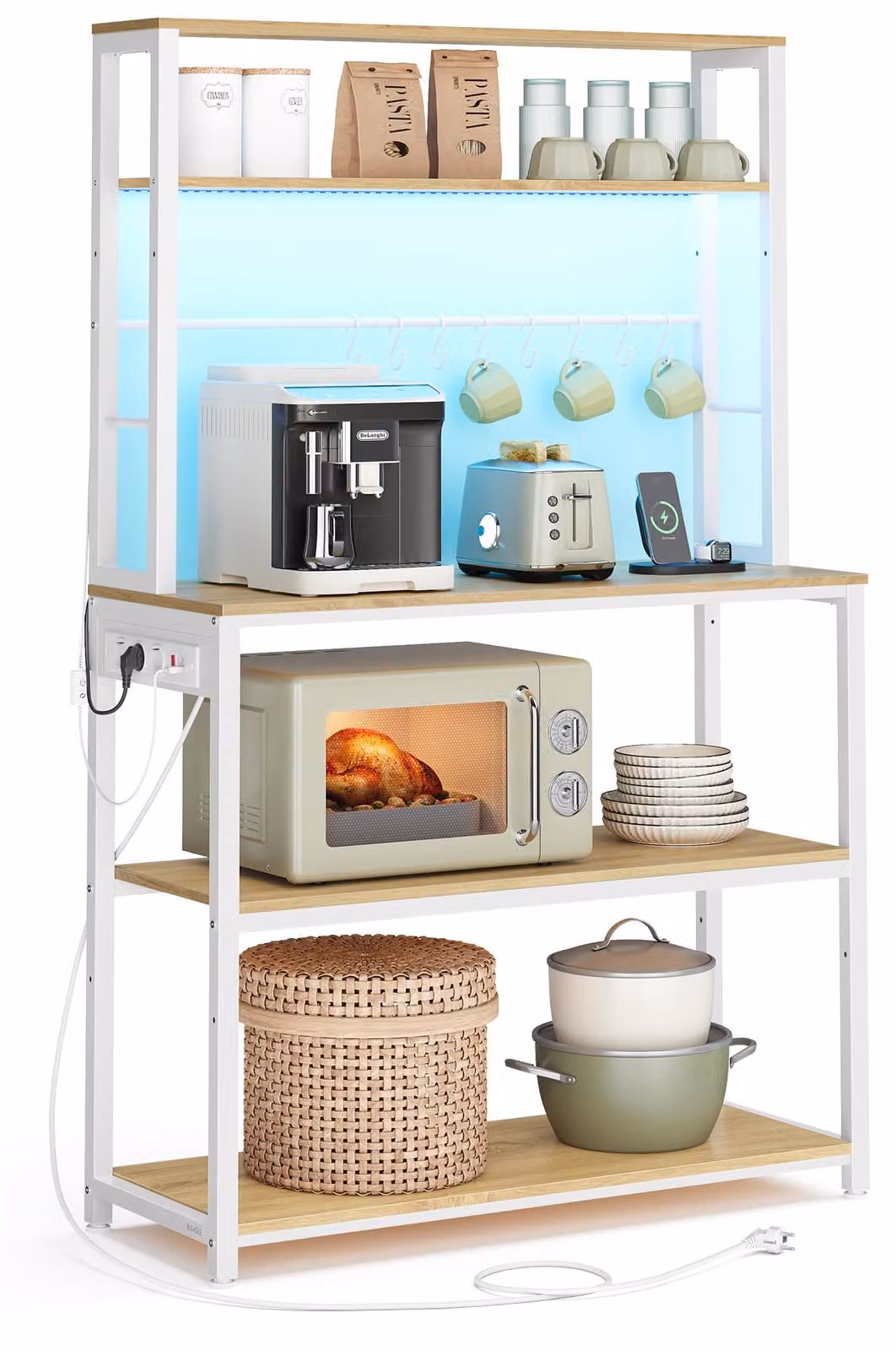 VASAGLE: scaffale da cucina con illuminazione a LED, scaffale autoportante con prese di corrente