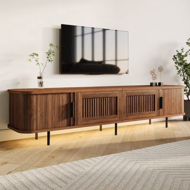Mobile TV 180x40x44.5 cm con illuminazione LED controllata tramite app e ante scorrevoli in MDF e PB color noce