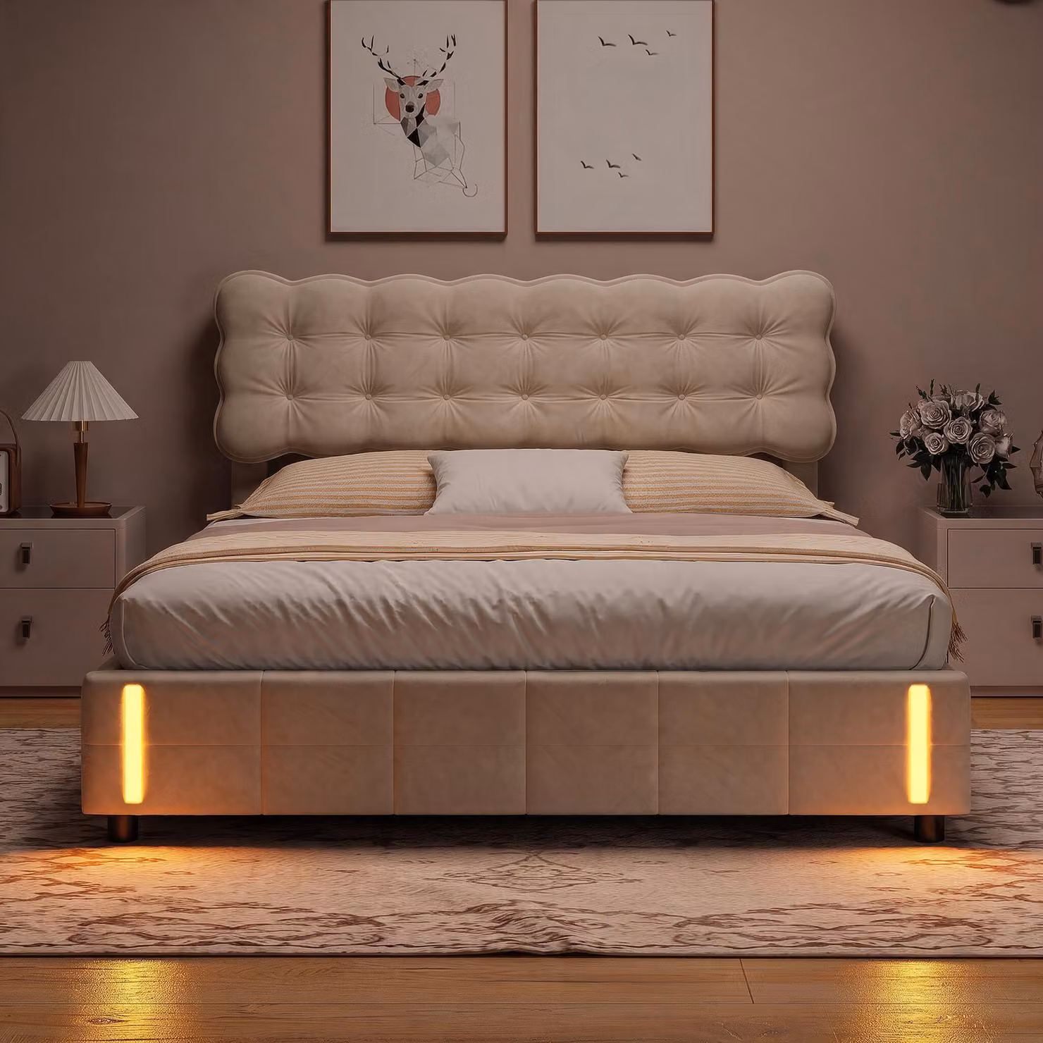 Letto imbottito con contenitore INONEFT, 140x200 cm, con LED. Letto a molle con contenitore. Letto matrimoniale con struttura e rete a doghe/contenitore. Letto per ragazzi, in velluto, color beige
