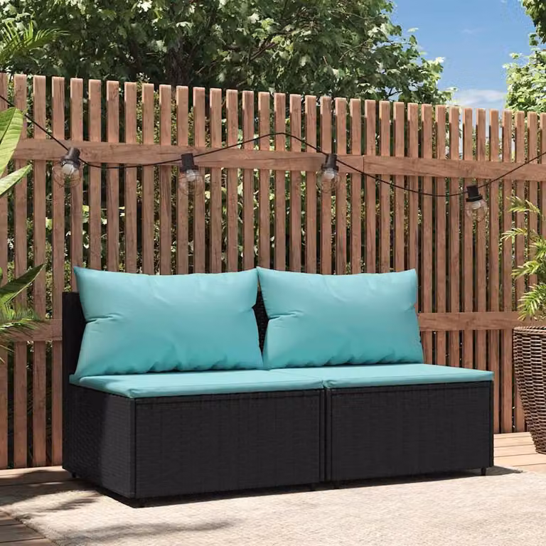 Set di 2 divani centrali da giardino vidaXL in polyrattan nero con cuscini blu e turchese