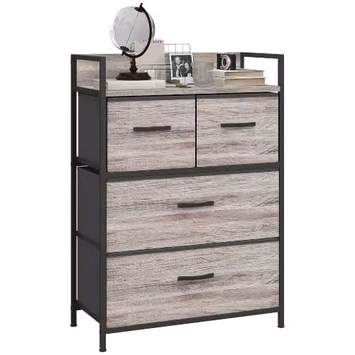 HOMCOM Cassettiera in tessuto 4 cassetti, Effetto legno grigio