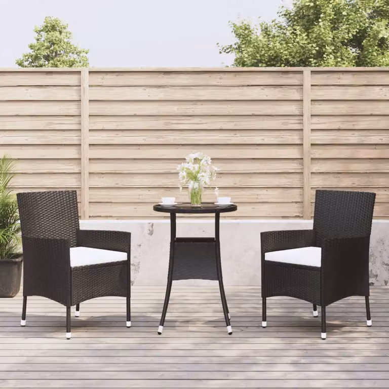 Set Bistrò da Giardino vidaXL in Polyrattan Nero con Cuscini e Tavolo in Vetro