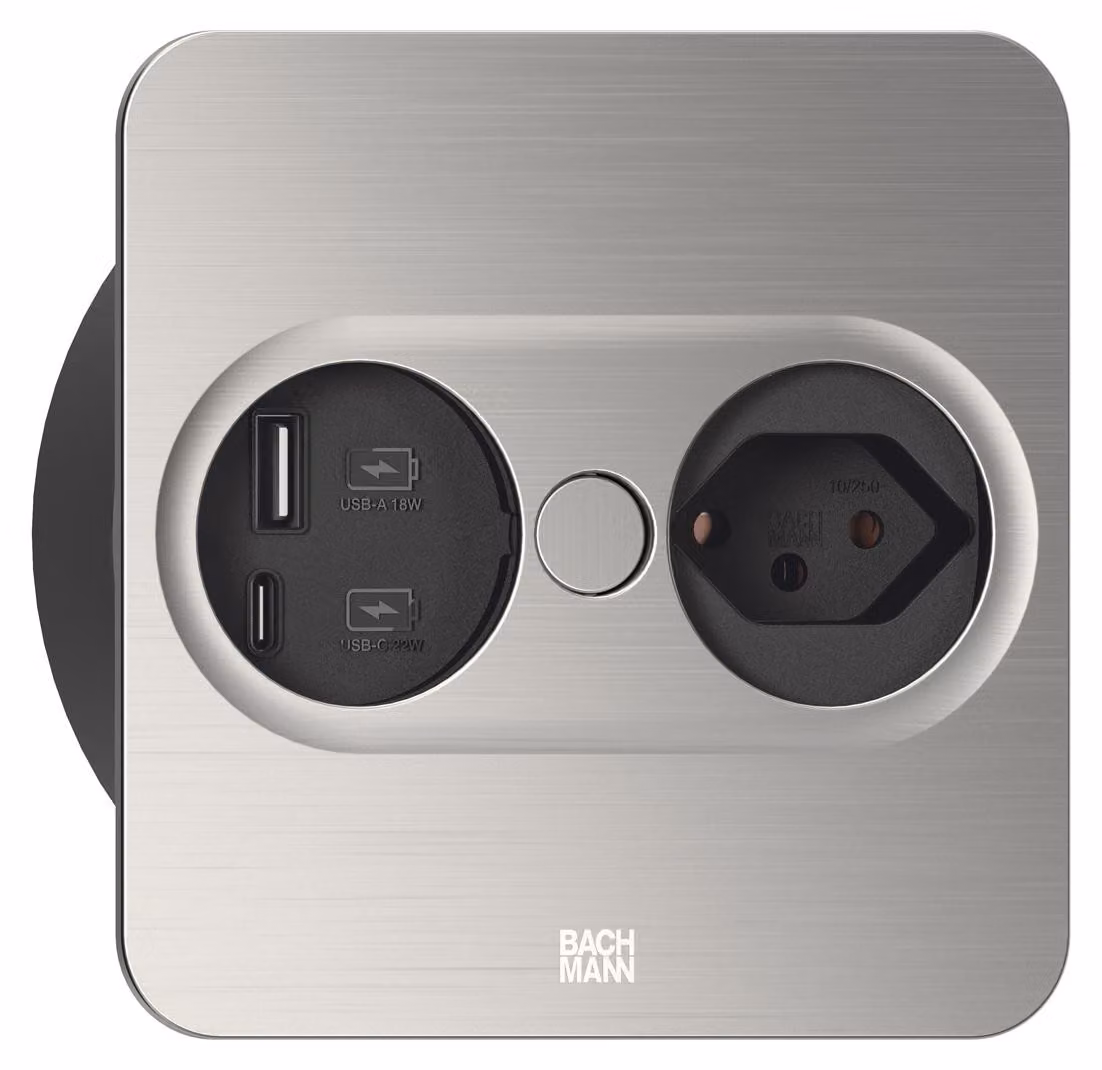 BACHMANN TWIST2, 1 presa, 1 porta USB A/C, 22W, lunghezza 2,0 metri, finitura acciaio inossidabile, design squadrato