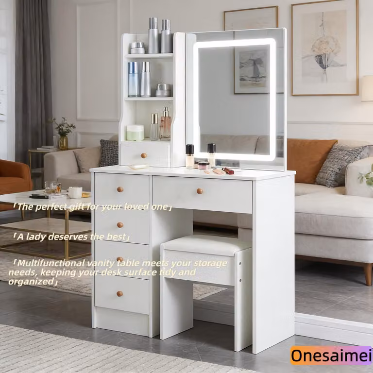 Comodino con specchio a LED - Bianco - Legno - Design moderno - Arredamento per la camera da letto