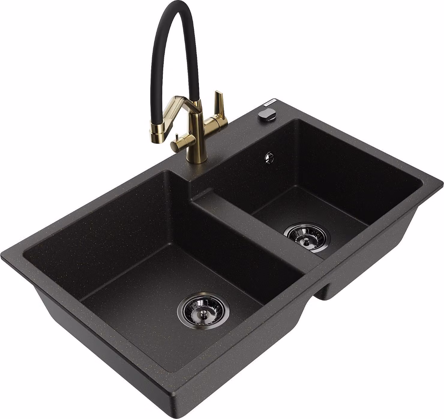 Mexen Tomas lavello in granito a 2 vasche con rubinetto da cucina Duo, nero/oro metallizzato - 6516-75-671701-57-B
