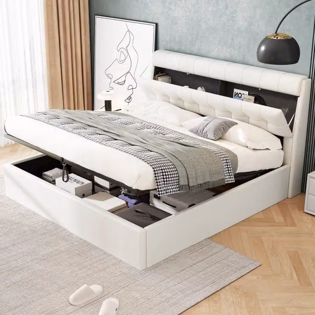 Letto contenitore matrimoniale OKWISH imbottito in ecopelle bianca con contenitore a sollevamento idraulico L/P: 160 x 200 cm