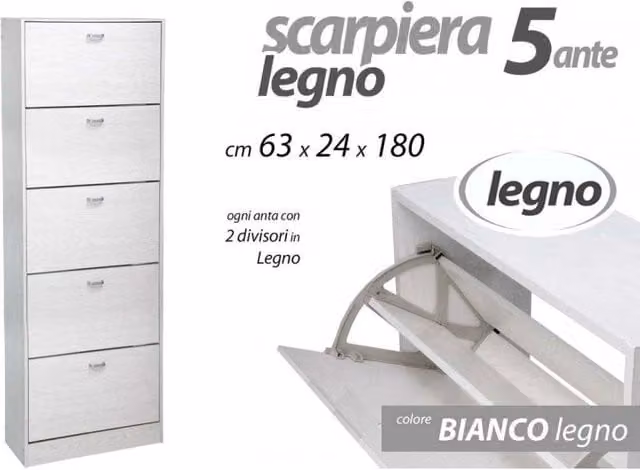 Scarpiera bianca IPERBRIKO con 5 ante a ribalta, design moderno, L: 63 cm, P: 24 cm, H: 180 cm
