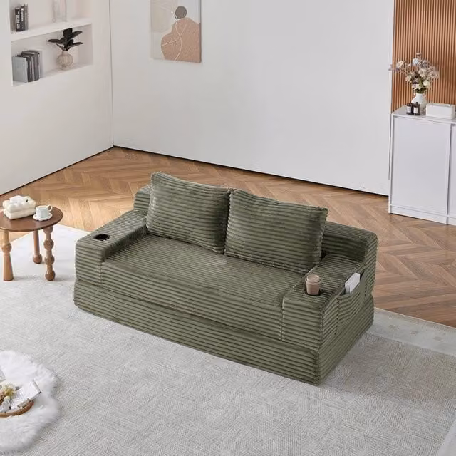 Divano letto 2 in 1 Minimal in tessuto grigio con cuscini, portabibite e tasche portaoggetti – 1