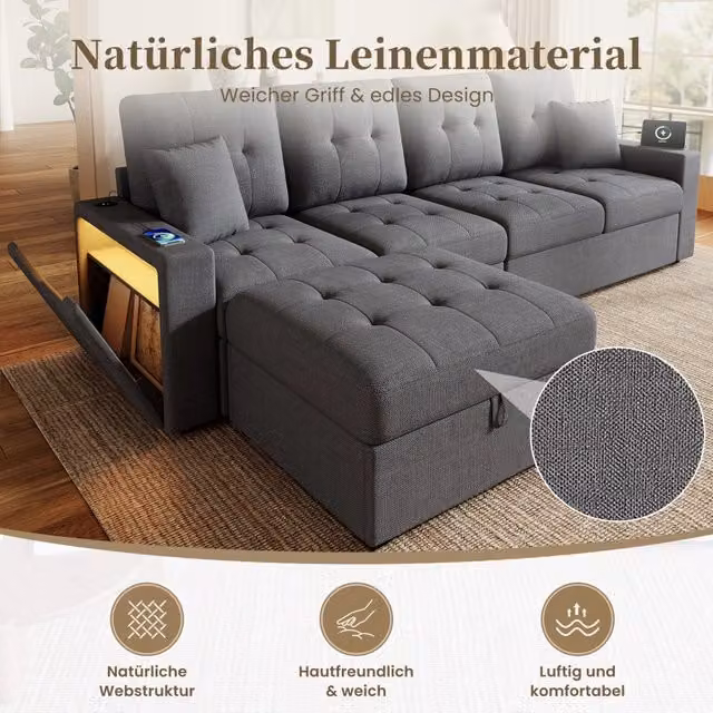Divano angolare Minimal con contenitore e poggiapiedi LED in tessuto grigio L/P/H: 220 x 140 x 90 cm – 1