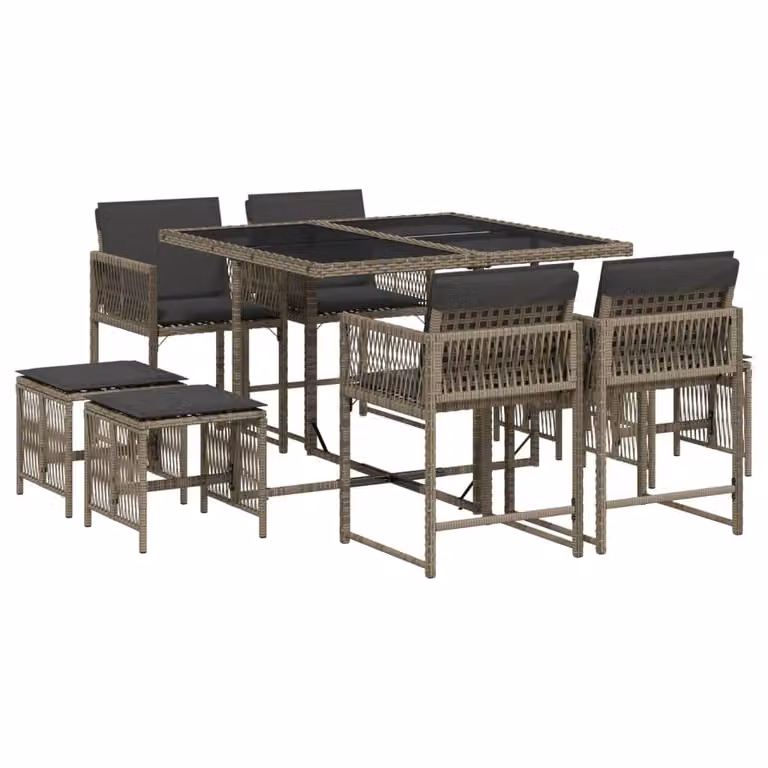Set da Pranzo da Giardino 9 pz con Cuscini in Polyrattan Grigio